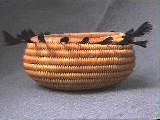 Early 20th C. Coiled Pomo Feather Basket